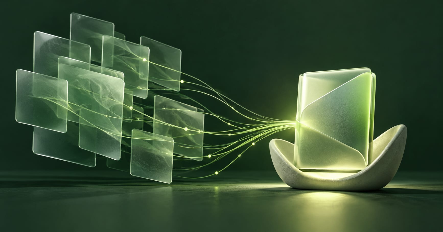 Several glass source sheets converge into a compact illuminated folio.