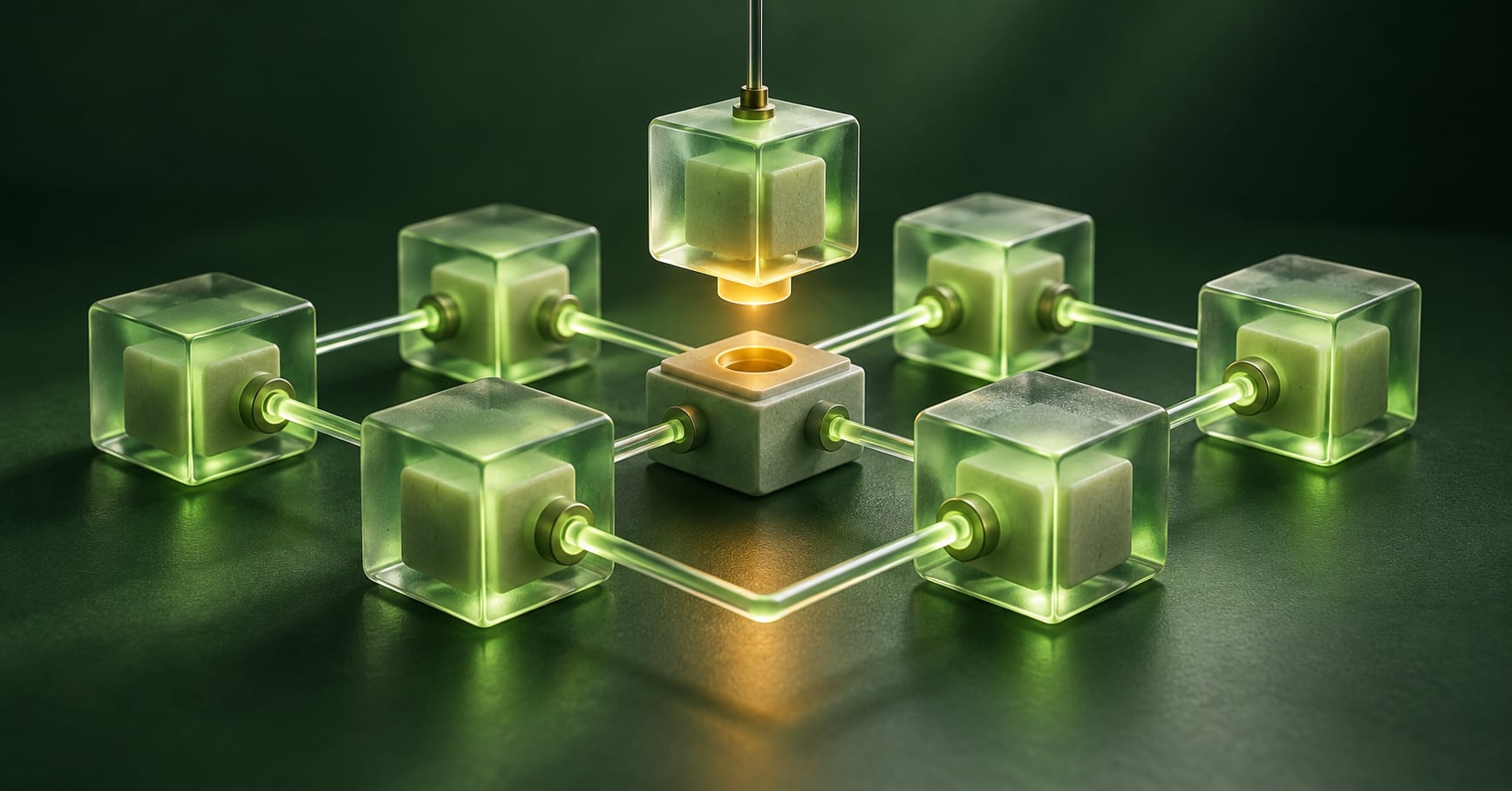 Green network modules with a central connection lifted from its socket, illustrating scheduled maintenance.