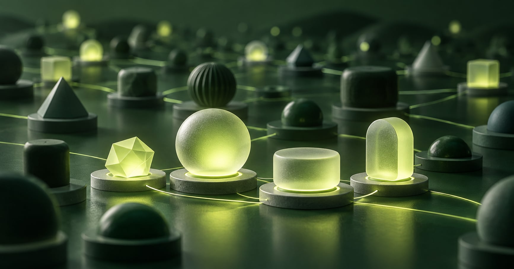 Geometric agent modules glow at different activity states across a connected landscape.