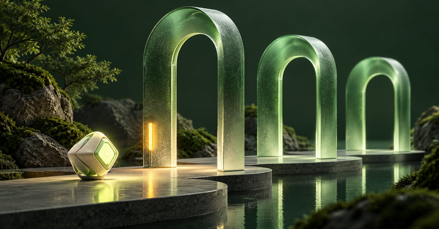 A geometric agent module pauses before a sequence of glass gates.