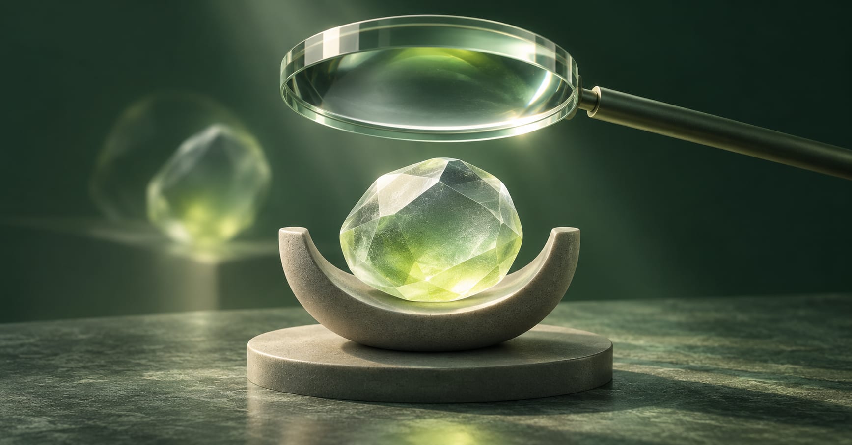 An optical glass examines a luminous faceted object above a measuring cradle.