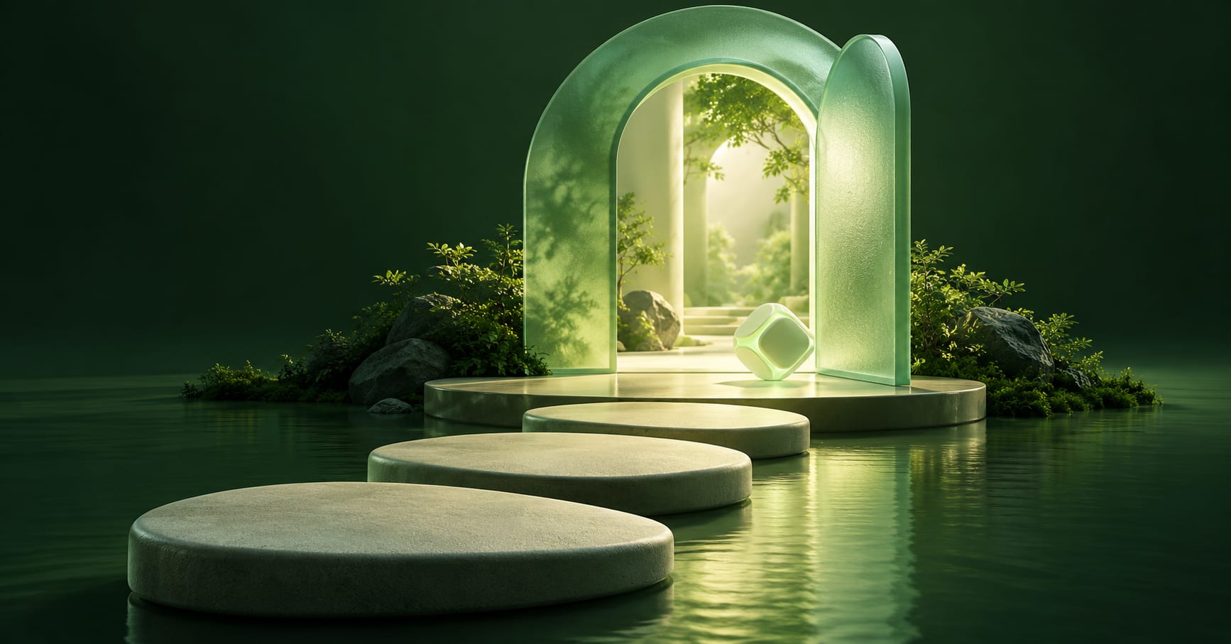 A luminous geometric module approaches a glass doorway along a short stepping-stone path.