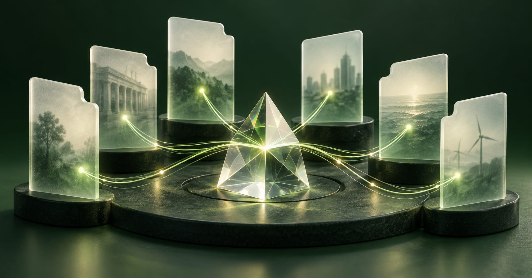 Separate glass document slabs connect to a central prism through luminous threads.