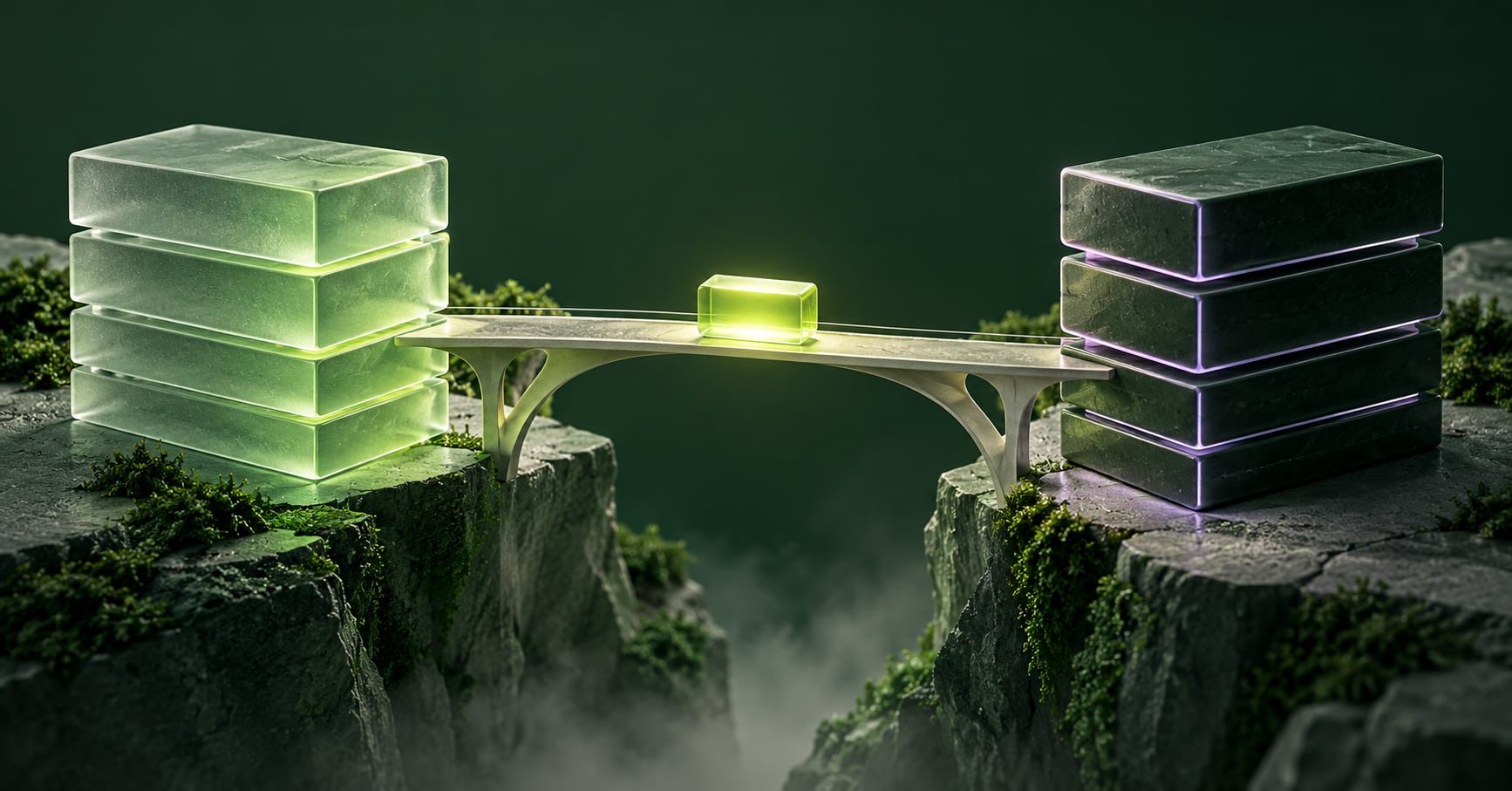 A single luminous packet crosses a bridge between two ledger-like structures, illustrating a test exchange.