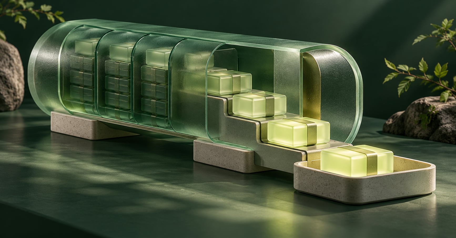 Luminous packets emerge gradually from layered glass compartments into an open tray, illustrating reward unlocking.